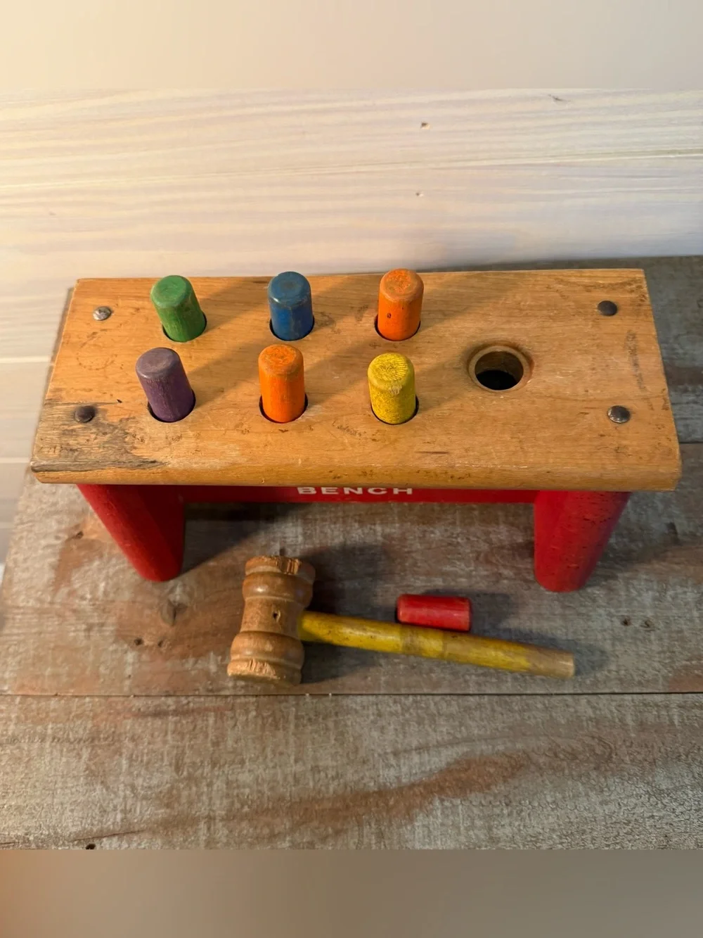 Vintage Playskool Nok Out Bench Wooden Childs Toy Pegs & Hammer Mallet